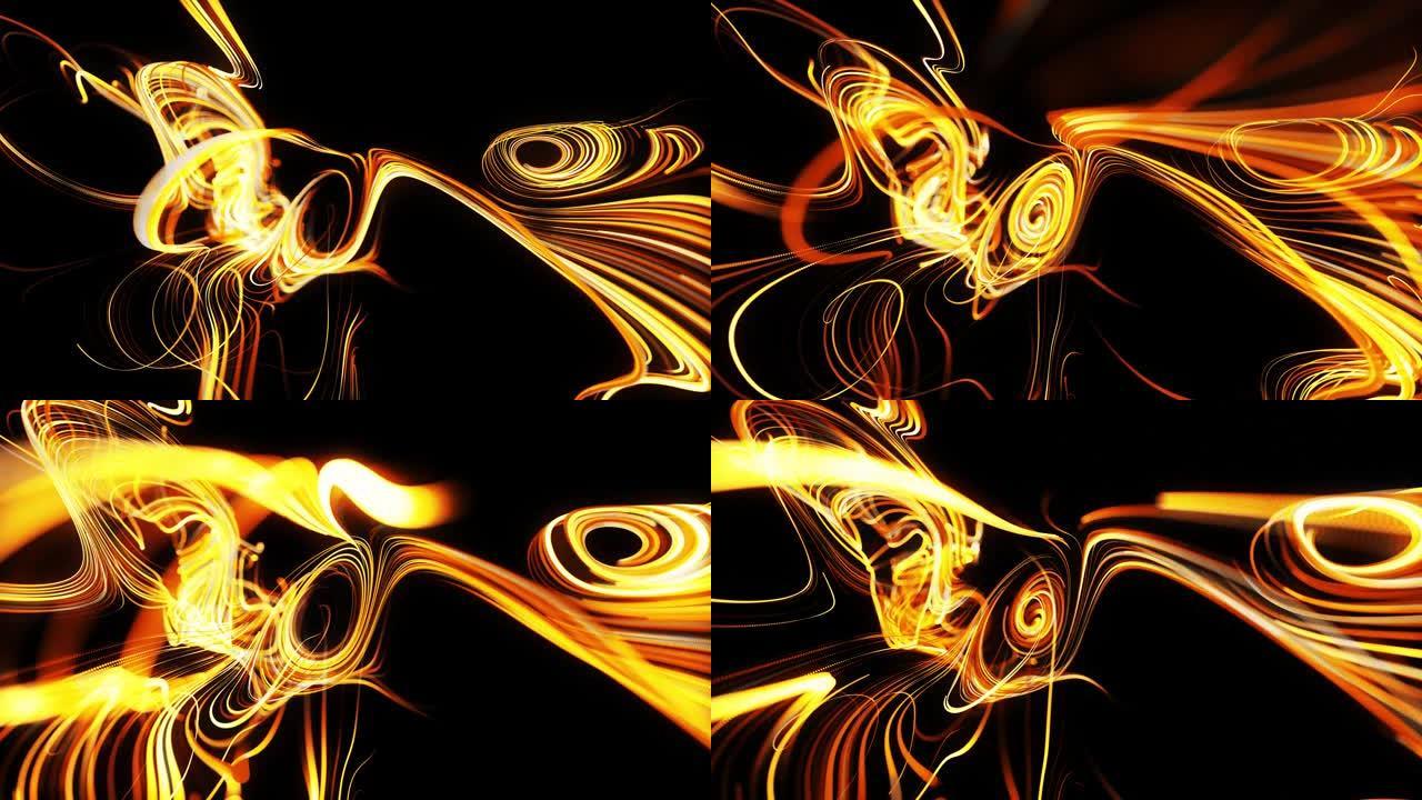 粒子流形成卷曲的黄线，如辉光轨迹，线形成漩涡状，如卷曲噪声。抽象3d动画作为明亮的创意节日背景。快速