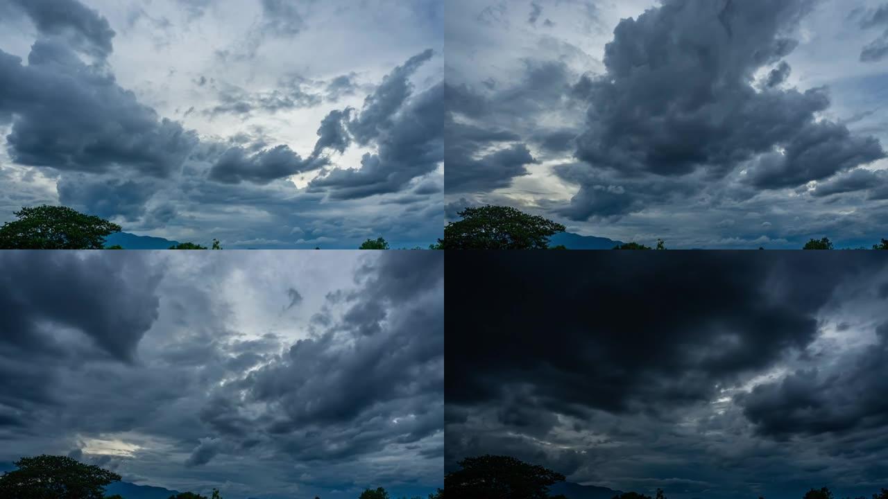 云延时镜头B滚动移动，阴暗的天空和黑色的积云在雨季暴风雨。美丽的自然日落时间可怕的天气背景屏幕。