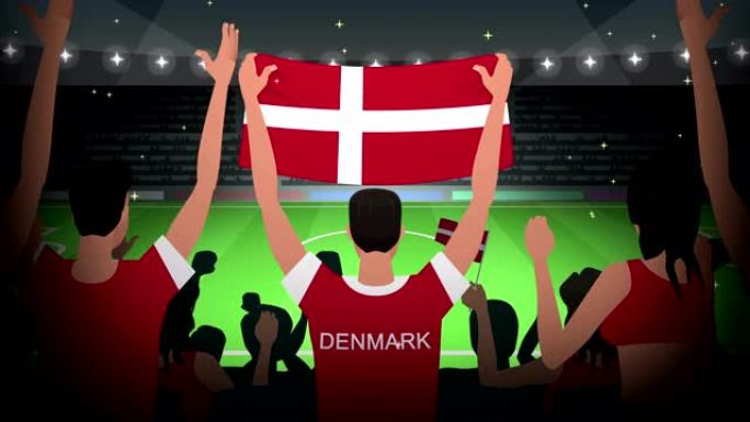 卡通欢呼的足球迷挤满了丹麦足球动画