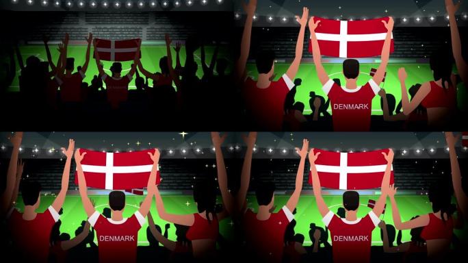 卡通欢呼的足球迷挤满了丹麦足球动画