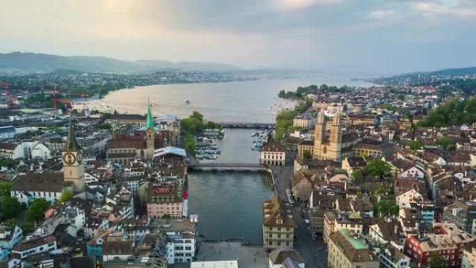瑞士夏季日落天空苏黎世城市景观湖滨河空中全景4k延时
