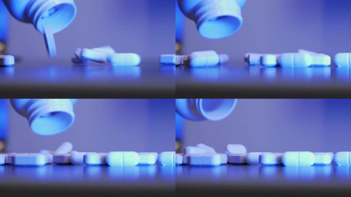 装满白色药丸的处方药瓶洒在黑色桌子上。医药行业。人们正在从白色塑料容器中取出许多不同的药丸。药物生产