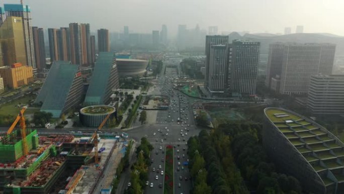 白天时间成都市金融区建筑区域交通街空中全景4k中国