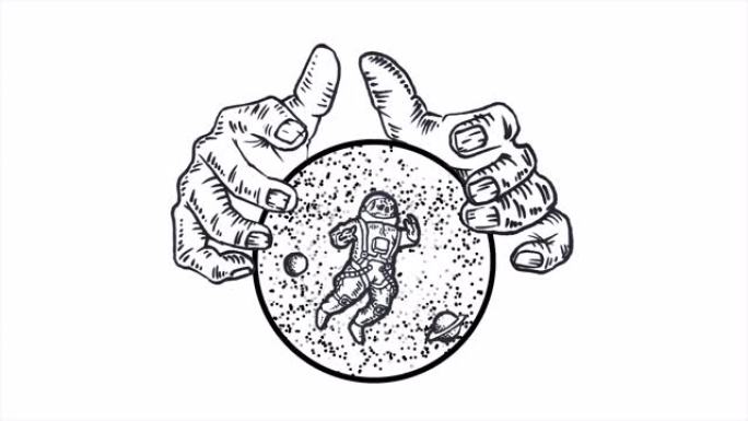 巨大的双手握着白色背景上有恒星，行星和宇航员的球体。动画。单色抽象，双手握着一个宇宙球体，里面有空间