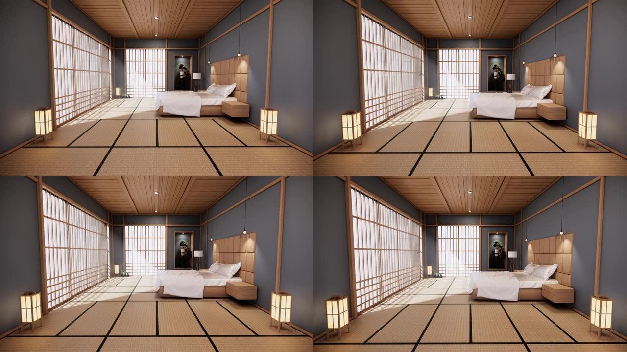 热带房间内部和榻榻米地板上的深蓝色卧室日本设计。3D渲染