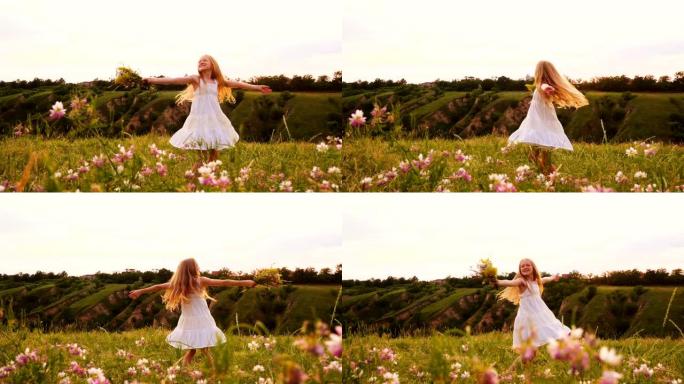 带着花束的小女孩在晚上的田野里跳舞和旋转很有趣