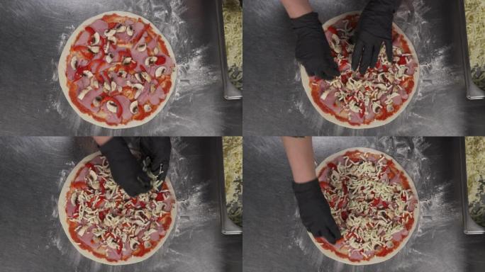 披萨厨师在专业厨房烹饪的空中镜头。Pizzaiola在比萨饼上放奶酪层。意大利传统食品