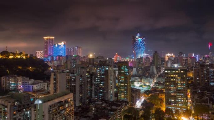 夜间照明著名澳门城市景观屋顶海湾全景4k延时中国