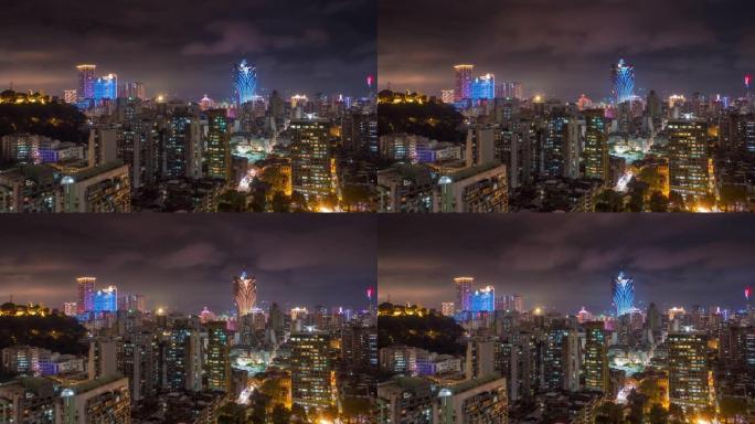 夜间照明著名澳门城市景观屋顶海湾全景4k延时中国