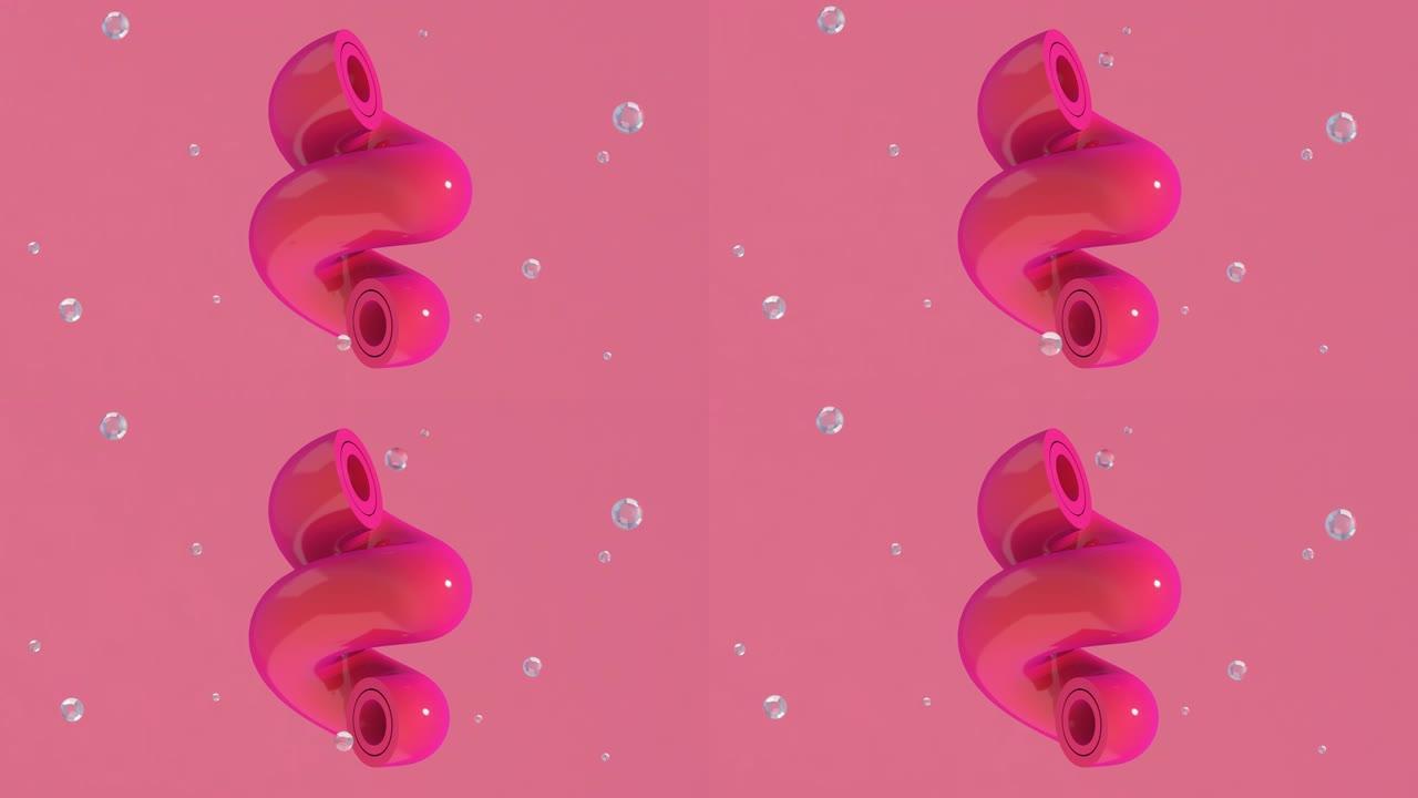 紫色和橙色弯曲管和玻璃球。抽象动画，3d渲染。