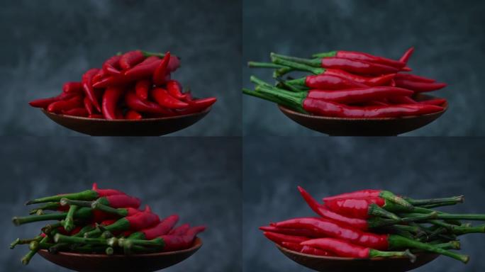 红辣椒，旋转盘子上有辣味的蔬菜辛辣调味料
