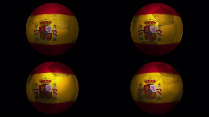 西班牙。足球和旗帜。一个旋转的足球和一面融入其中的旗帜。