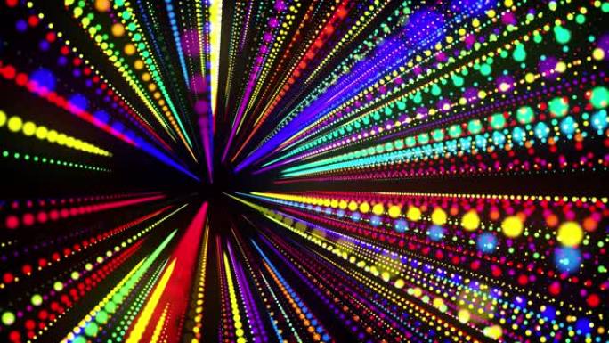抽象的3d循环背景，发光粒子在3d空间中排成一排。节日vj循环，带有多色粒子和流畅的动画相机。运动设