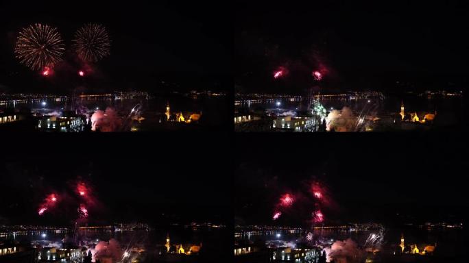 黑山老城布德瓦上空的夜空中节日新年烟花。