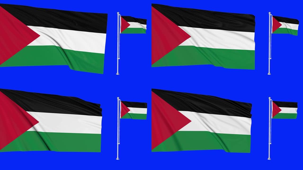 绿屏巴勒斯坦两面旗帜挥舞巴勒斯坦旗杆动画3d