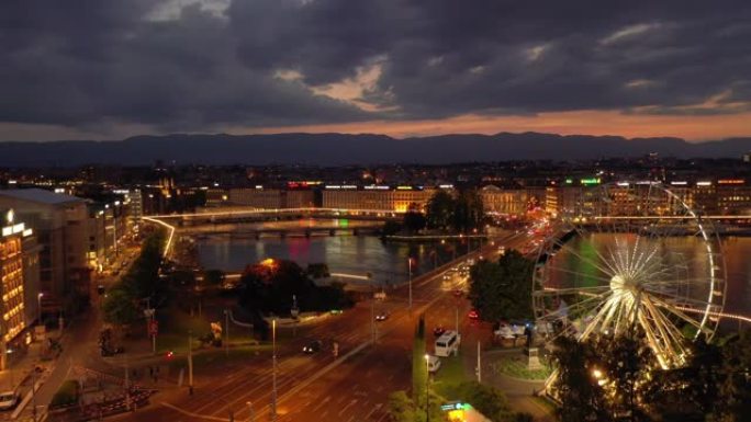 日落夜照明日内瓦市河畔交通桥摩天轮湾空中全景4k瑞士