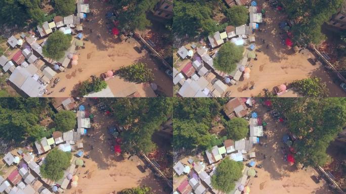 头顶无人机拍摄了一个小市场，在亚洲村出售的新鲜产品。