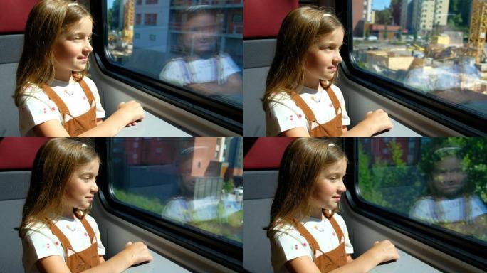 女孩坐火车旅行，看着窗外。