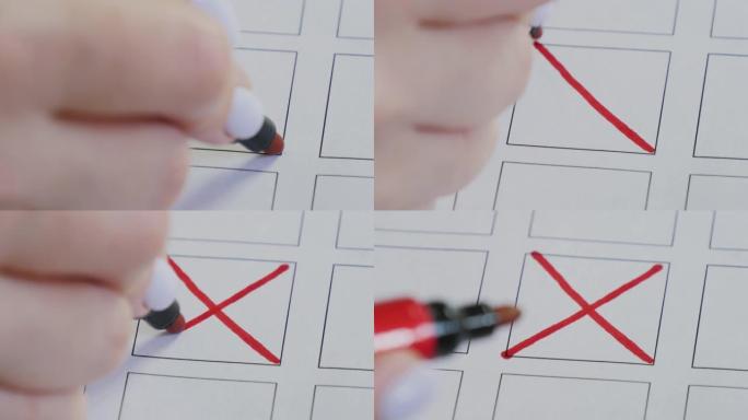 女性手在投票复选框中画了一个红色的叉。选举和决策概念