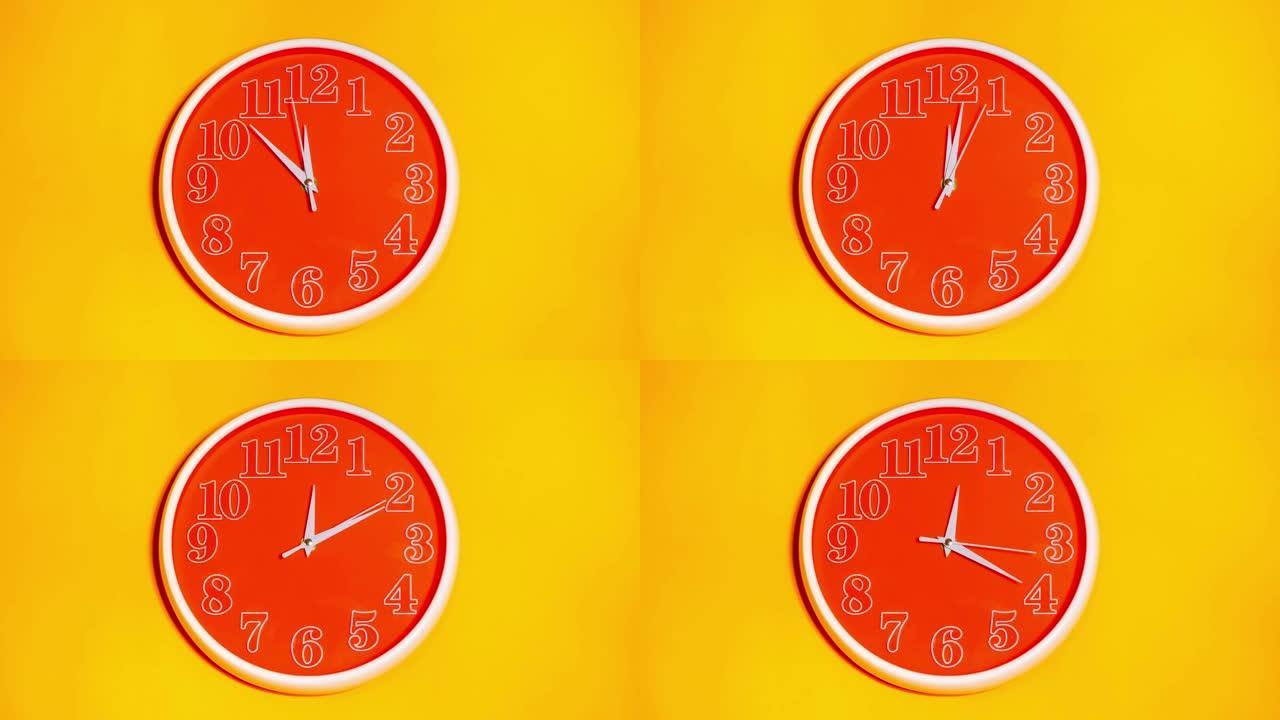 现代橙色钟面开始时间11.43在黄色背景上，延时45分钟快速移动。