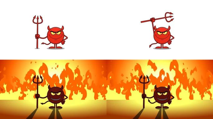红魔卡通表情符号人物拿着干草叉在火焰上