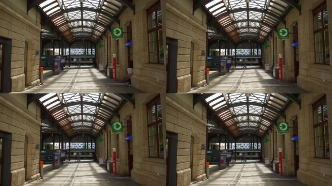 阳光明媚的巴塞尔城市火车站大厅慢动作全景4k瑞士