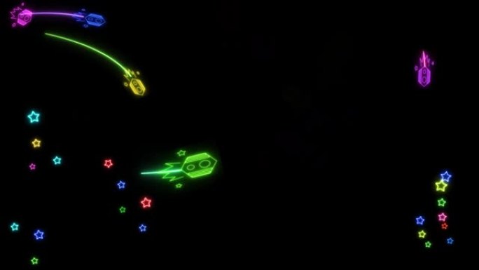 火箭彩虹百人发射器和彩色辉光星在黑屏上飞行标志元素