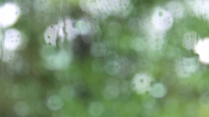 玻璃窗外面雨滴的特写镜头。绿色背景上流下的雨滴。