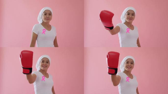 乳腺癌患者戴着拳击手套这是她准备抗击癌症的迹象