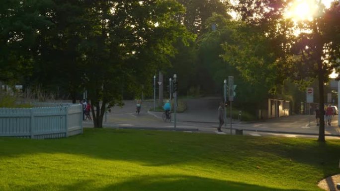 日落时间巴塞尔市中心火车站广场公园街景慢动作全景4k瑞士