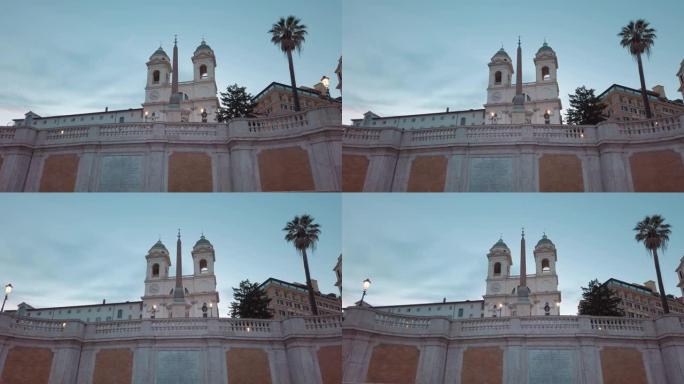 罗马西班牙台阶顶端的方尖碑和三一教堂