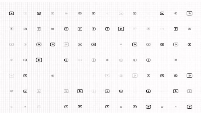 youtube图标动画循环。无缝图案背景。小youtube图标在网格上慢慢闪烁。白色背景