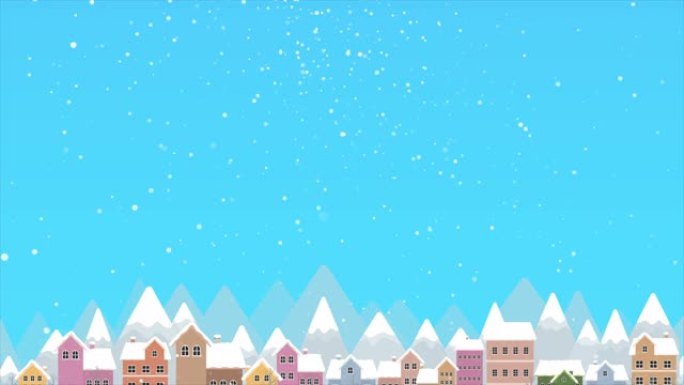 抽象背景卡通动画城市和雪花颗粒在深色背景下的雪元素和照明效果
