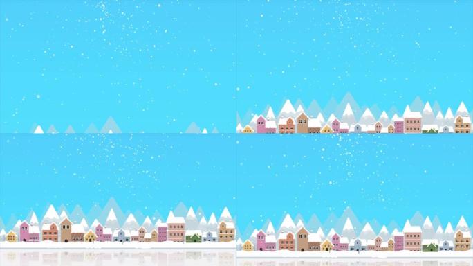抽象背景卡通动画城市和雪花颗粒在深色背景下的雪元素和照明效果
