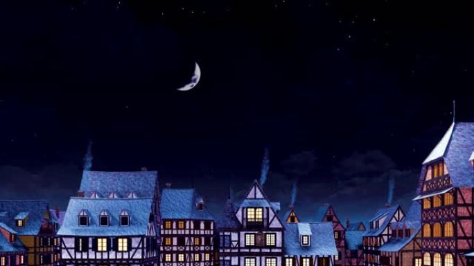 在平静的冬夜，舒适的中世纪欧洲小镇的屋顶