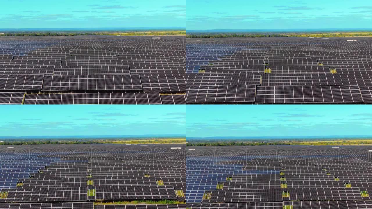 连续的太阳能电池板特写镜头，将太阳能转化为电能的创新系统。太阳能电池板产生能量。鸟瞰图。4k，普洛雷
