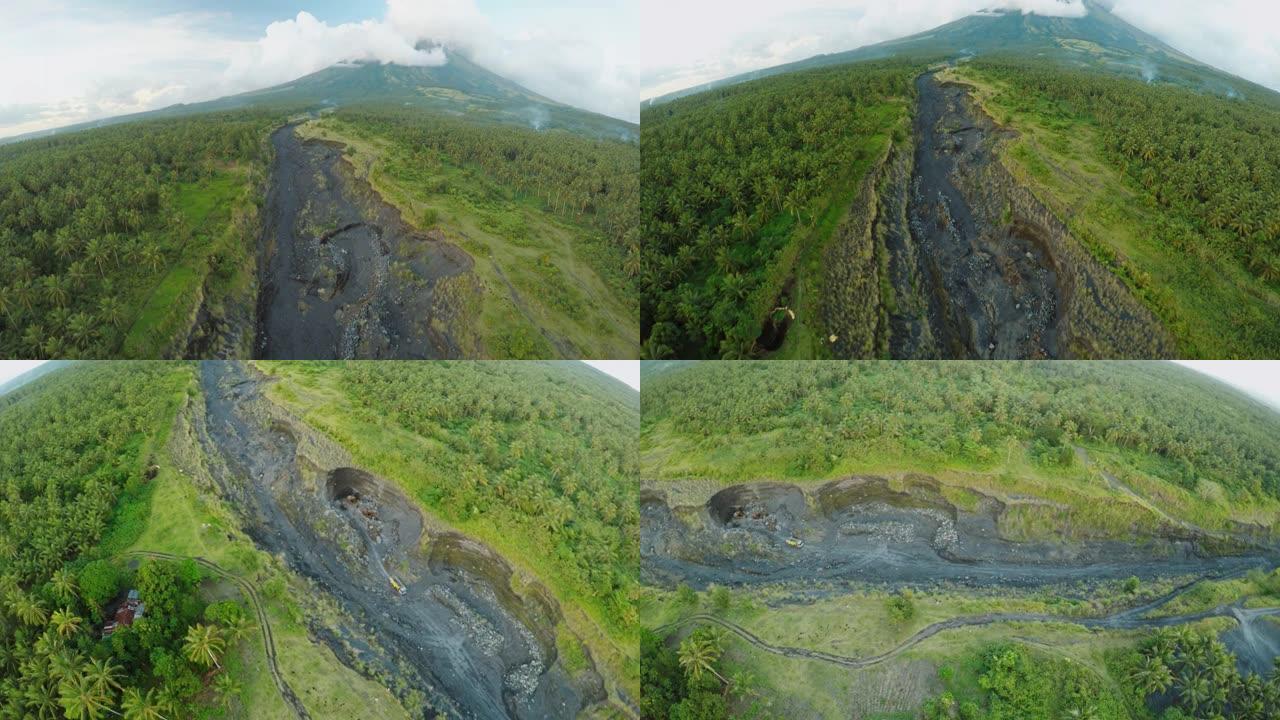 火山灰流出河流的航拍。黎牙实比市。马永火山。菲律宾
