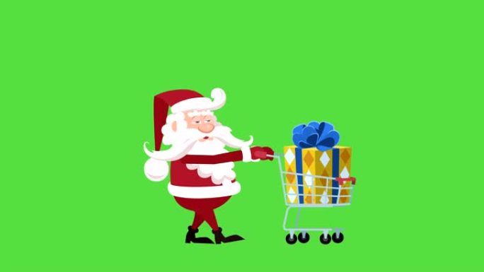 卡通小圣诞老人平面人物步行自行车带购物车礼品盒动画