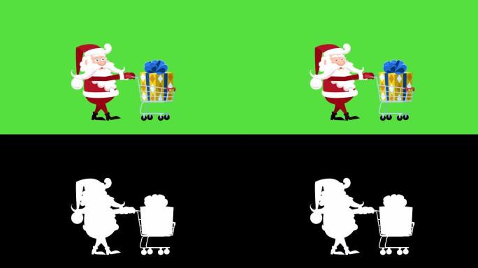 卡通小圣诞老人平面人物步行自行车带购物车礼品盒动画