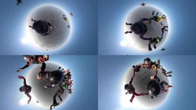 跳伞运动员在360度摄像机的自由落体中跳跃