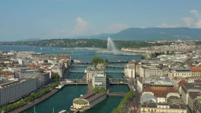 夏日日内瓦市中心河湖滨交通桥梁空中全景4k瑞士