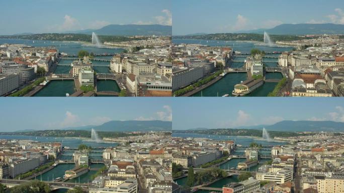 夏日日内瓦市中心河湖滨交通桥梁空中全景4k瑞士