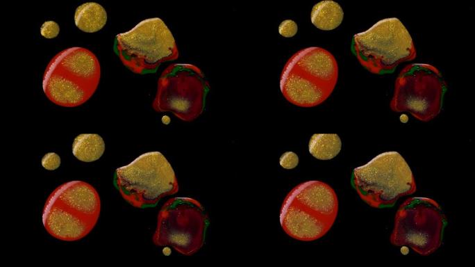 抽象形式。黑色液体上的油漆液滴、斑点移动和变化形式。