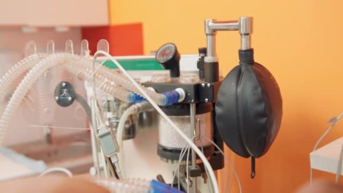在动物手术期间关闭用于人工肺通气的设备的一部分，并在手术室中使用手术台和转向计算机。模糊的橙色墙壁和