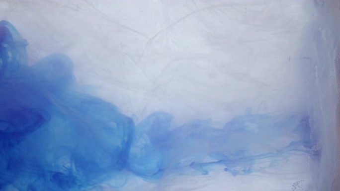白色和泡沫液体混合物中的蓝色墨水。科学实验概念