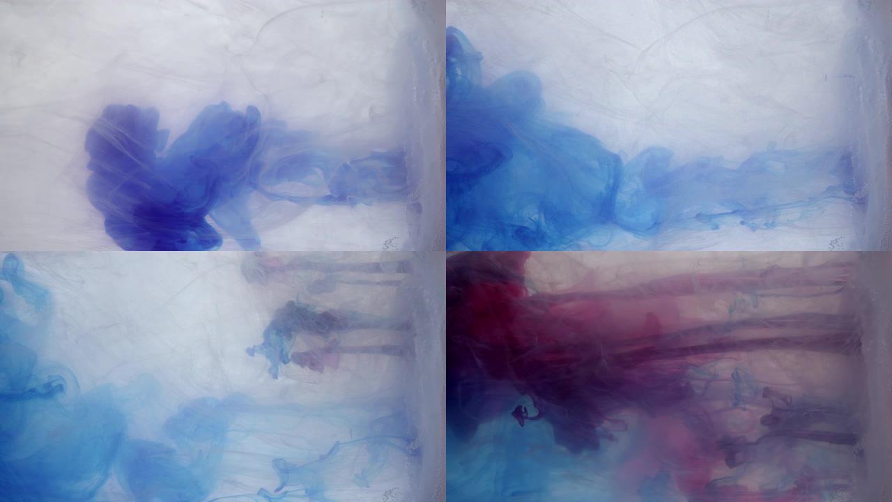 白色和泡沫液体混合物中的蓝色墨水。科学实验概念