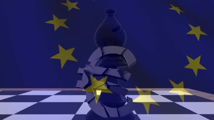 棋盘上飘扬着欧盟旗帜，反对破损的欧元符号