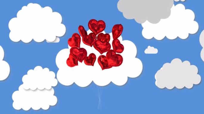 一堆心形气球在云层和天空中飞翔
