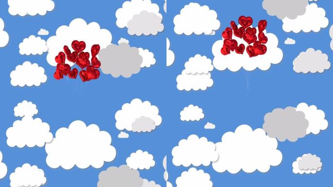 一堆心形气球在云层和天空中飞翔