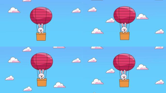 中秋节动画与兔子在气球热气和云
